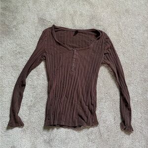 SHEIN Chocolate Ribbed Button-Up Blouse